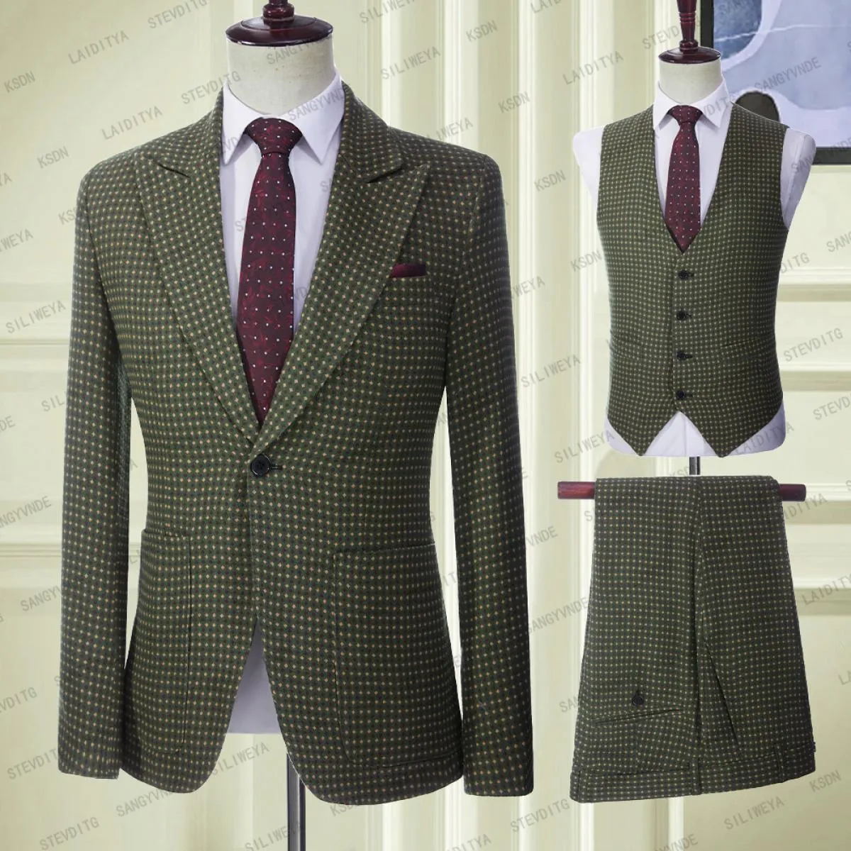 2023 Abito da uomo verde 3 pezzi monopetto con risvolto con visiera formale slim fit smoking da lavoro gilet da ballo per feste