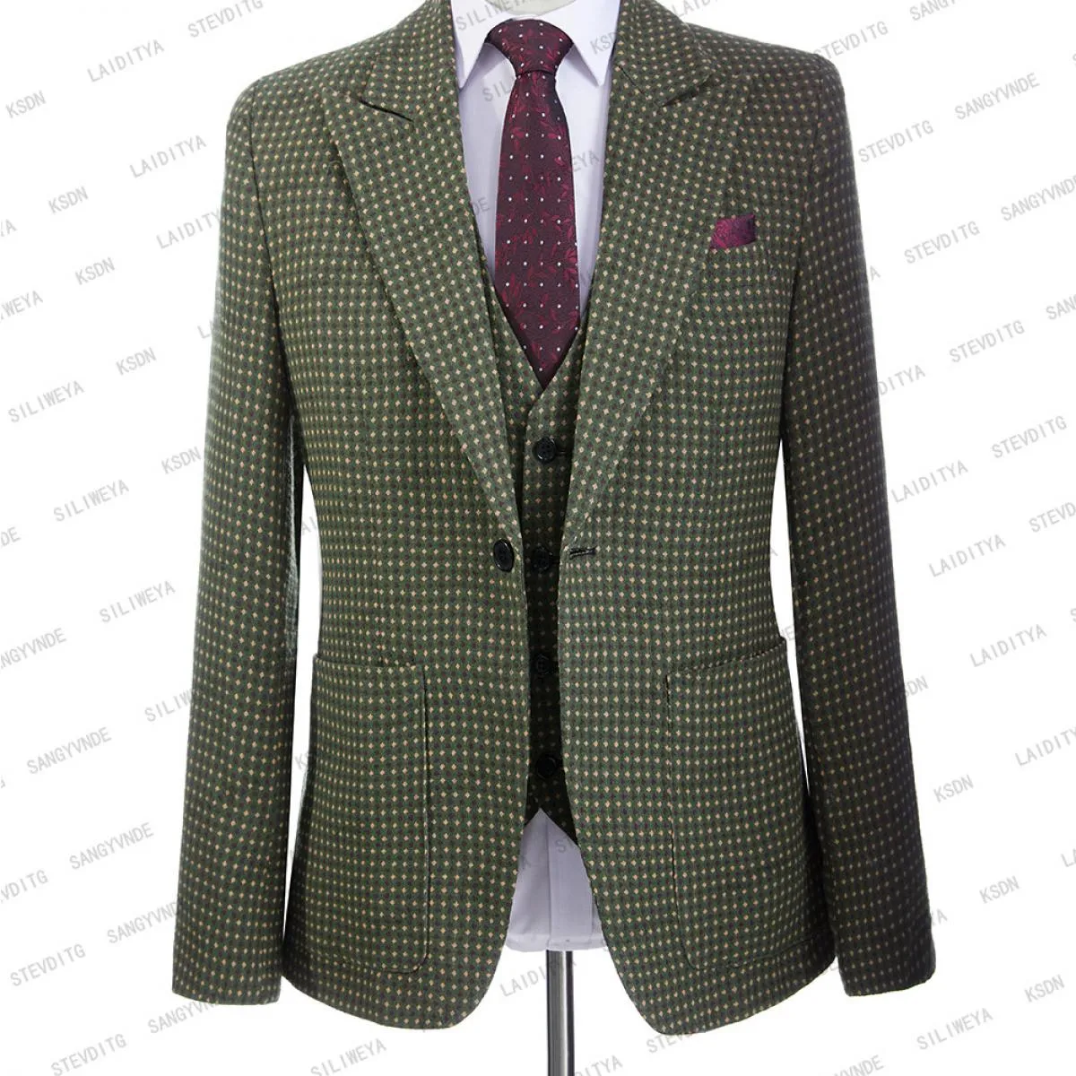 2023 Abito da uomo verde 3 pezzi monopetto con risvolto con visiera formale slim fit smoking da lavoro gilet da ballo per feste