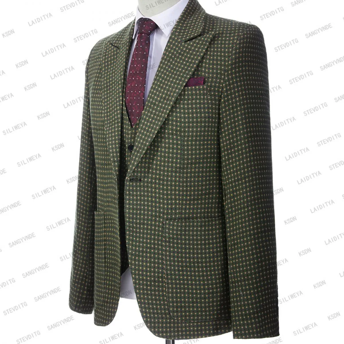 2023 Abito da uomo verde 3 pezzi monopetto con risvolto con visiera formale slim fit smoking da lavoro gilet da ballo per feste