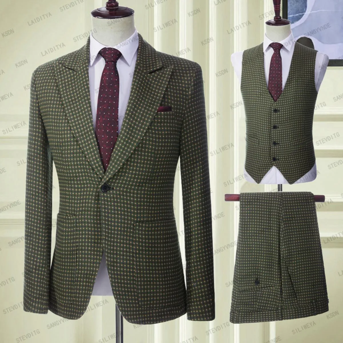 2023 Abito da uomo verde 3 pezzi monopetto con risvolto con visiera formale slim fit smoking da lavoro gilet da ballo per feste