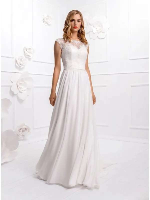 Abito da Sposa Semplice Online in chiffon con corpetto in pizzo accollato