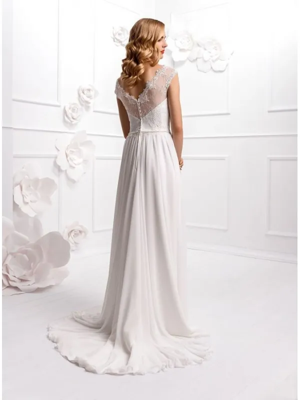 Abito da Sposa Semplice Online in chiffon con corpetto in pizzo accollato
