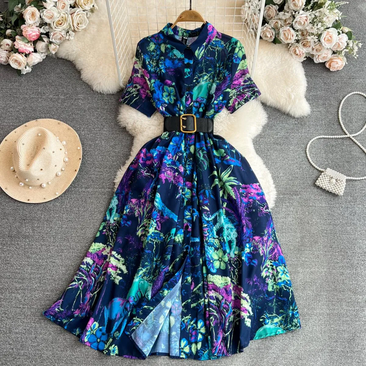 Abito elegante midi a camicia autunnale da donna con risvolto floreale monopetto femminile con cintura viola scuro Traf Daily Ch