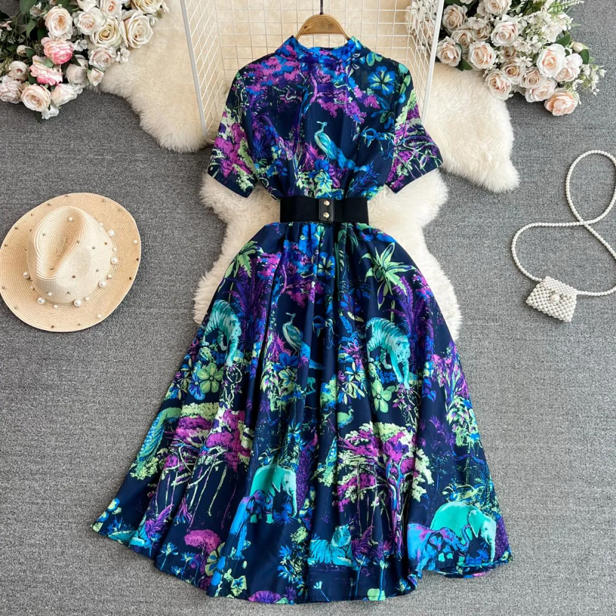 Abito elegante midi a camicia autunnale da donna con risvolto floreale monopetto femminile con cintura viola scuro Traf Daily Ch
