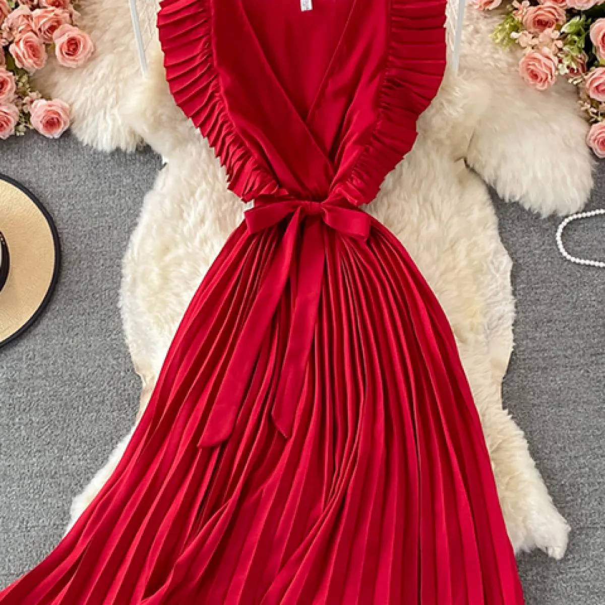 Abito longuette a pieghe verde / rosso / beige da donna estiva Abito longuette drappeggiato con scollo a V femminile Elegante ab