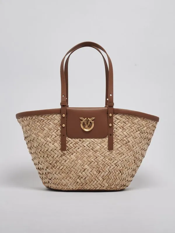 Borsa donna Pinko Love Summer Basket in rafia naturale con dettagli in pelle Cuoio