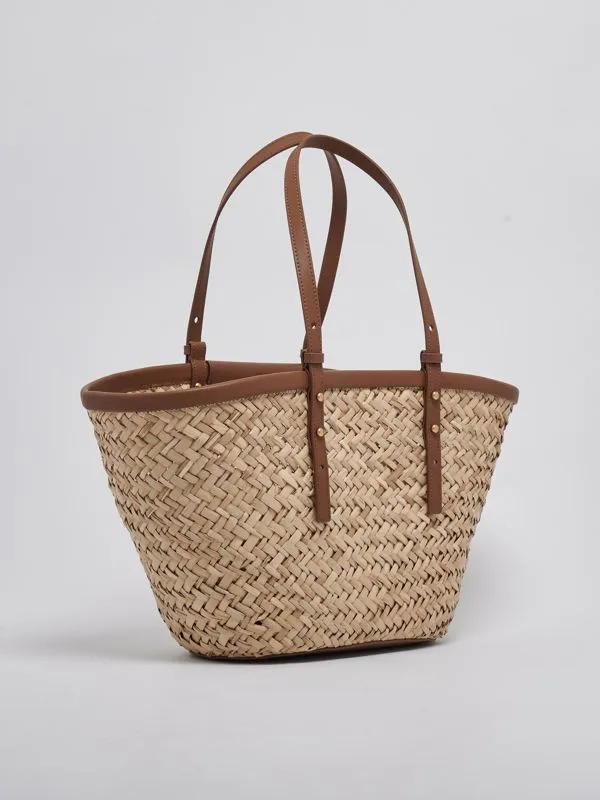Borsa donna Pinko Love Summer Basket in rafia naturale con dettagli in pelle Cuoio