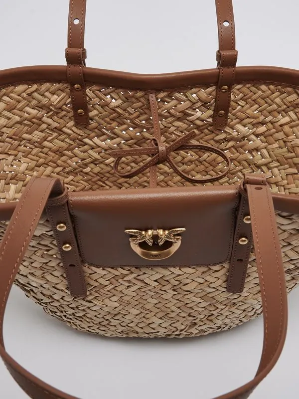 Borsa donna Pinko Love Summer Basket in rafia naturale con dettagli in pelle Cuoio
