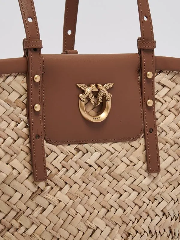 Borsa donna Pinko Love Summer Basket in rafia naturale con dettagli in pelle Cuoio