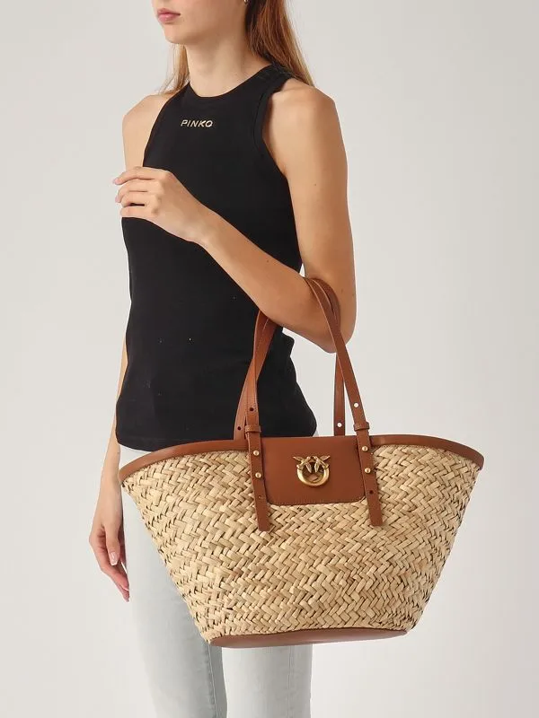 Borsa donna Pinko Love Summer Basket in rafia naturale con dettagli in pelle Cuoio