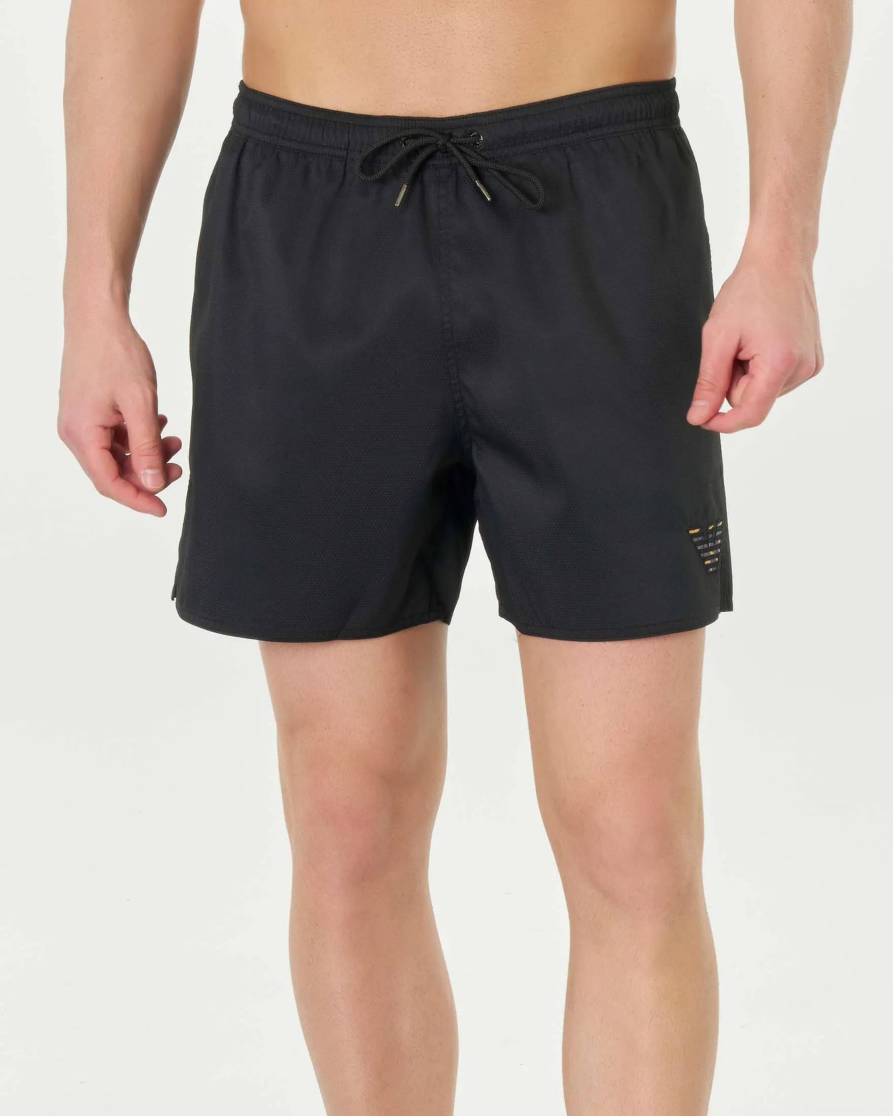 Boxer mare nero con trama a nido d'ape e logo aquila camouflage
