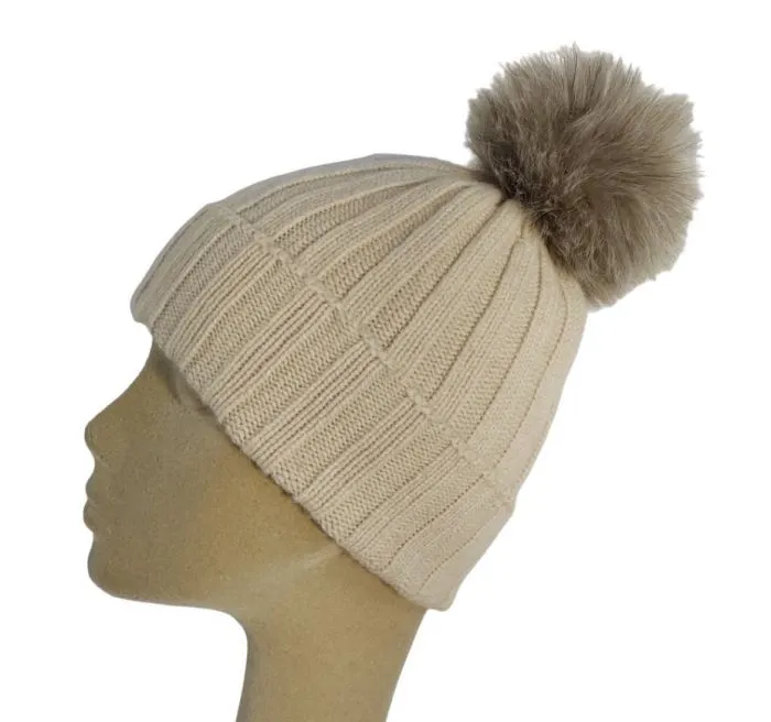 Cappello Donna a Coste con Pon Pon in Cashmere Rigenerato