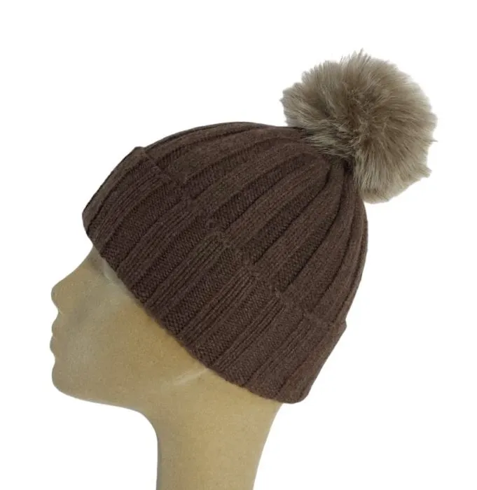 Cappello Donna a Coste con Pon Pon in Cashmere Rigenerato