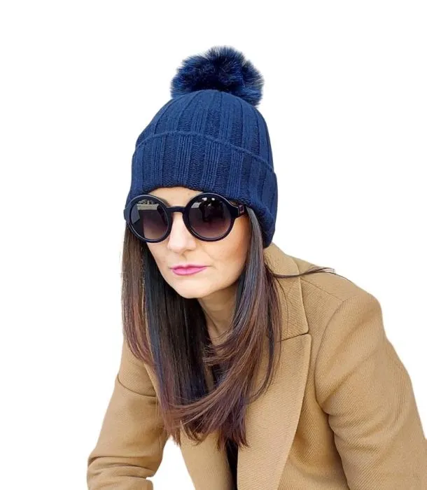 Cappello Donna a Coste con Pon Pon in Cashmere Rigenerato
