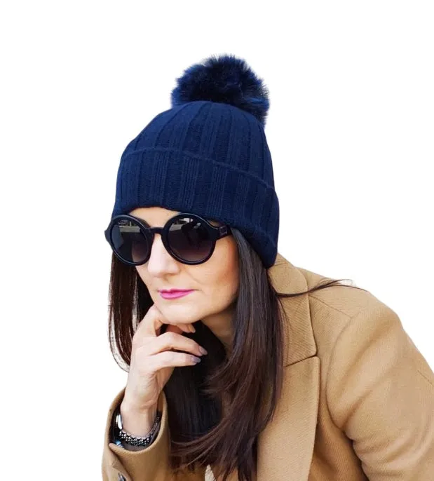 Cappello Donna a Coste con Pon Pon in Cashmere Rigenerato