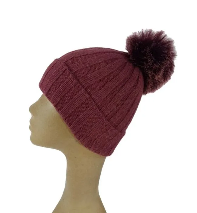 Cappello Donna a Coste con Pon Pon in Cashmere Rigenerato