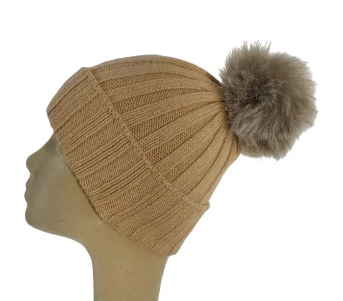 Cappello Donna a Coste con Pon Pon in Cashmere Rigenerato