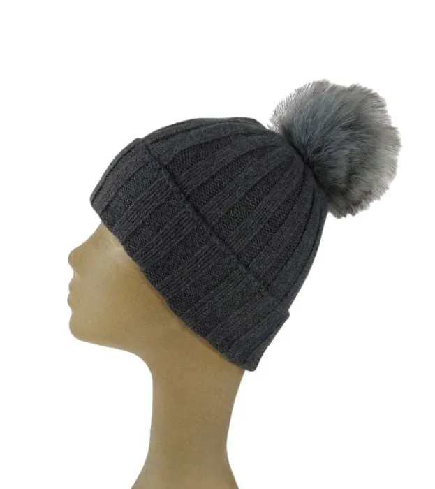 Cappello Donna a Coste con Pon Pon in Cashmere Rigenerato