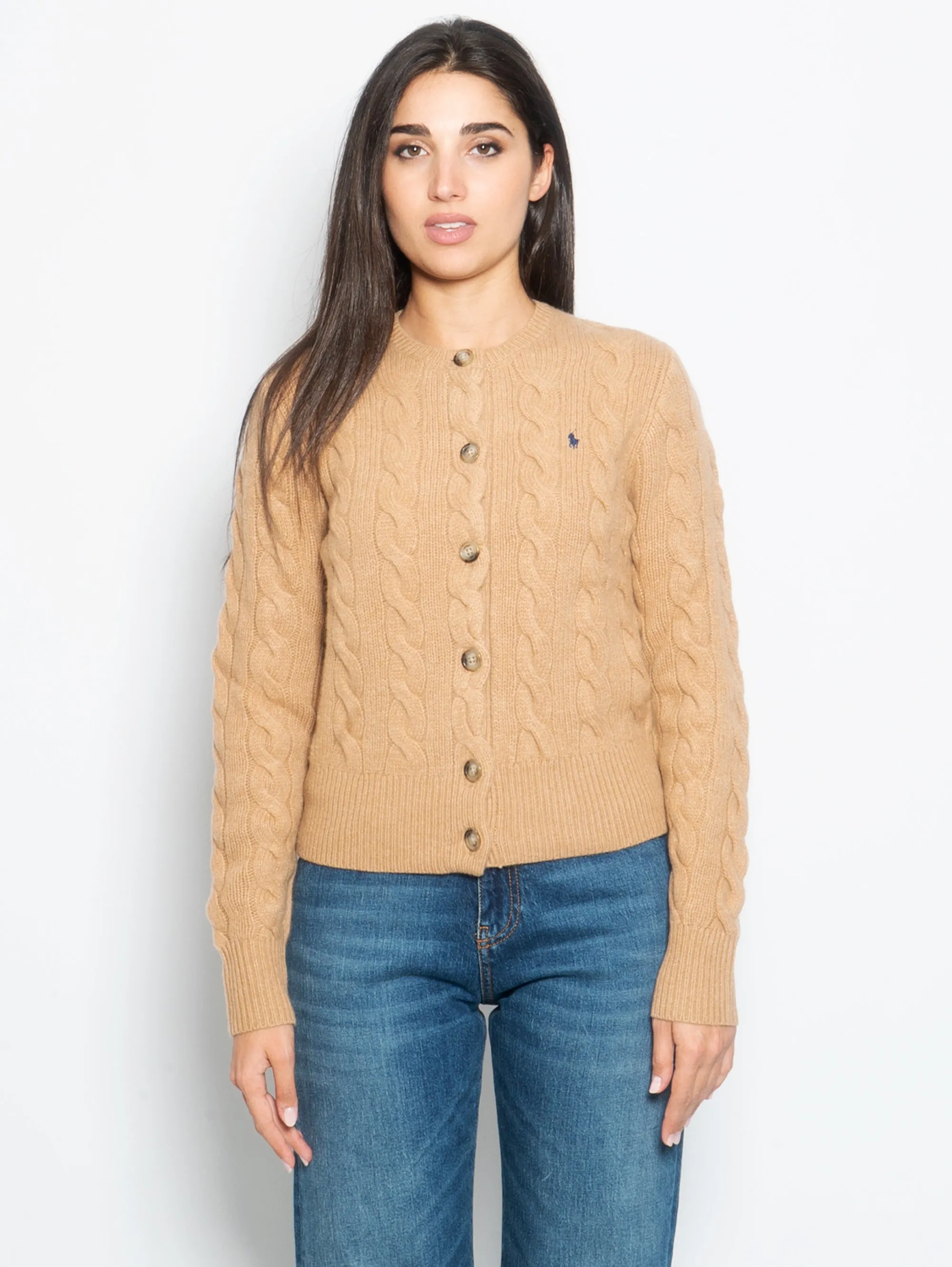 Cardigan a Trecce con Chiusura Smerlata Caramello