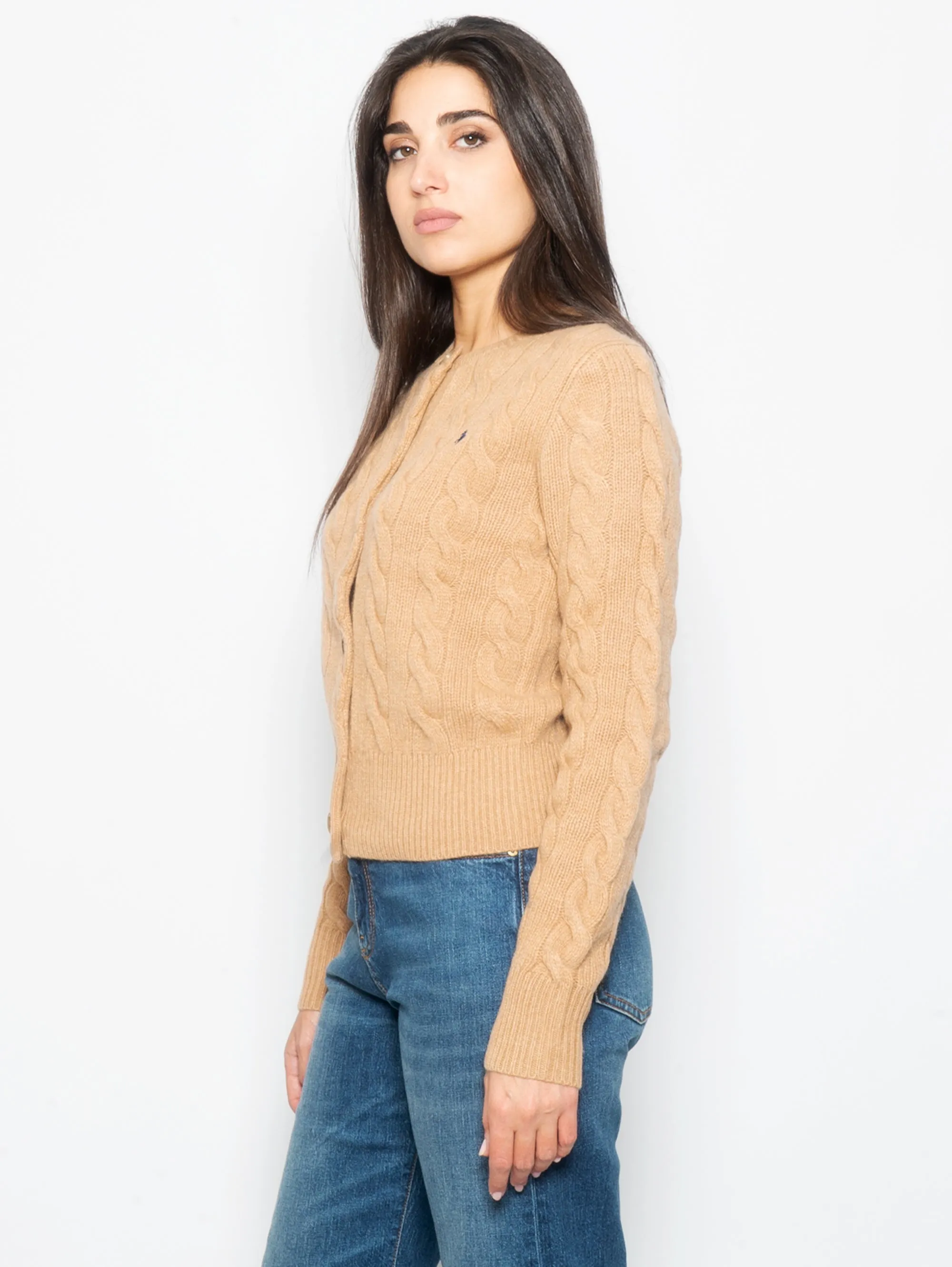Cardigan a Trecce con Chiusura Smerlata Caramello
