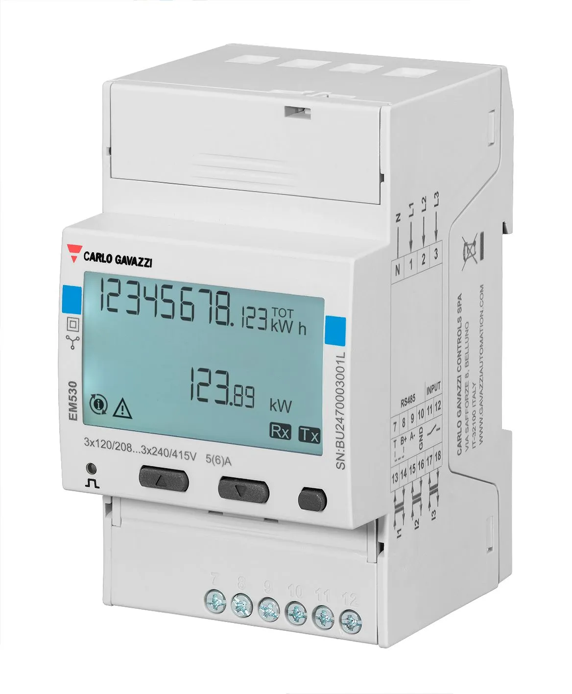 Contatore di energia Carlo Gavazzi, EM530, 3 fasi, display LCD a 8+3 cifre