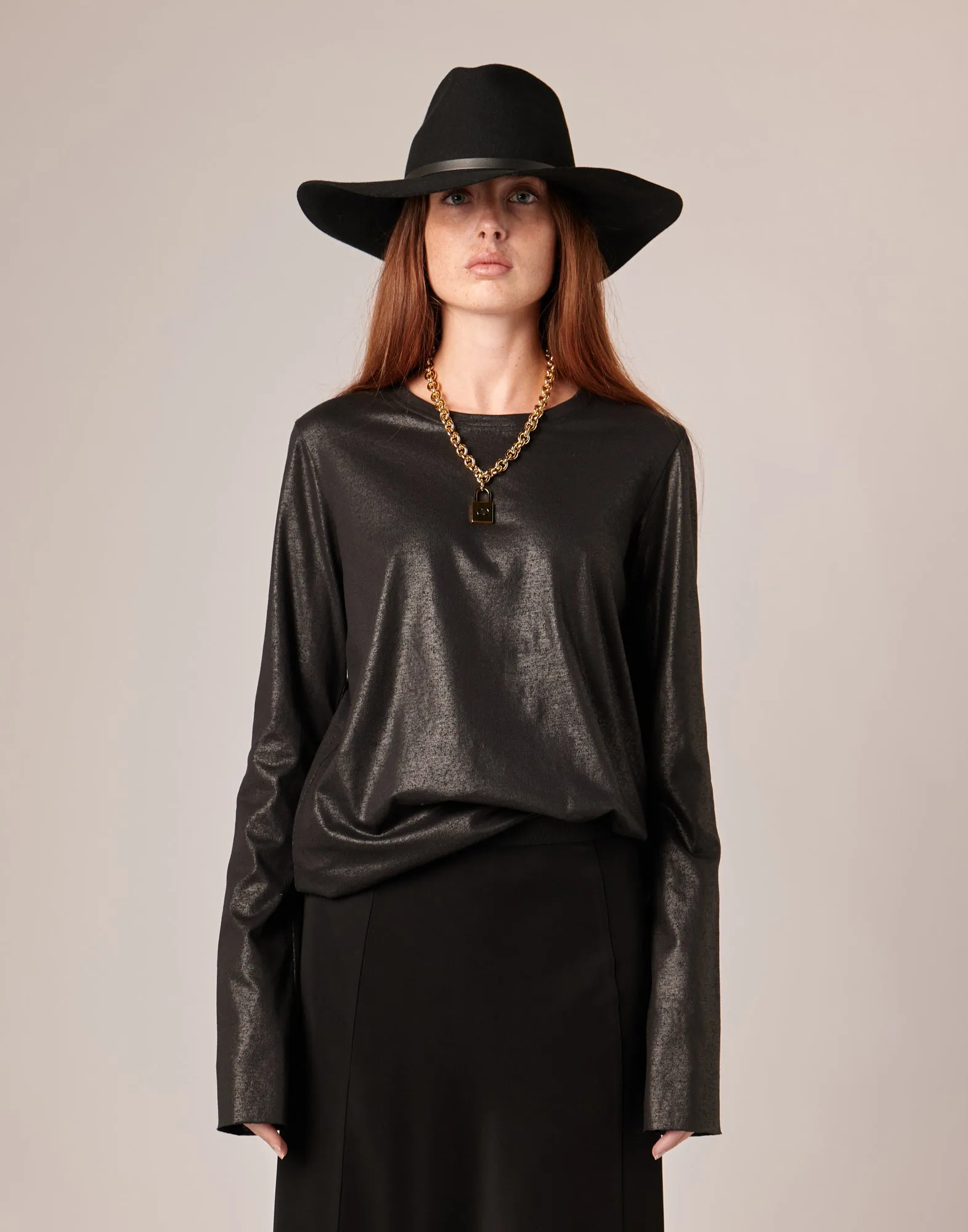DOUUOD T-shirt a Manica Lunga in Jersey di Cotone Spalmato Artigianalmente