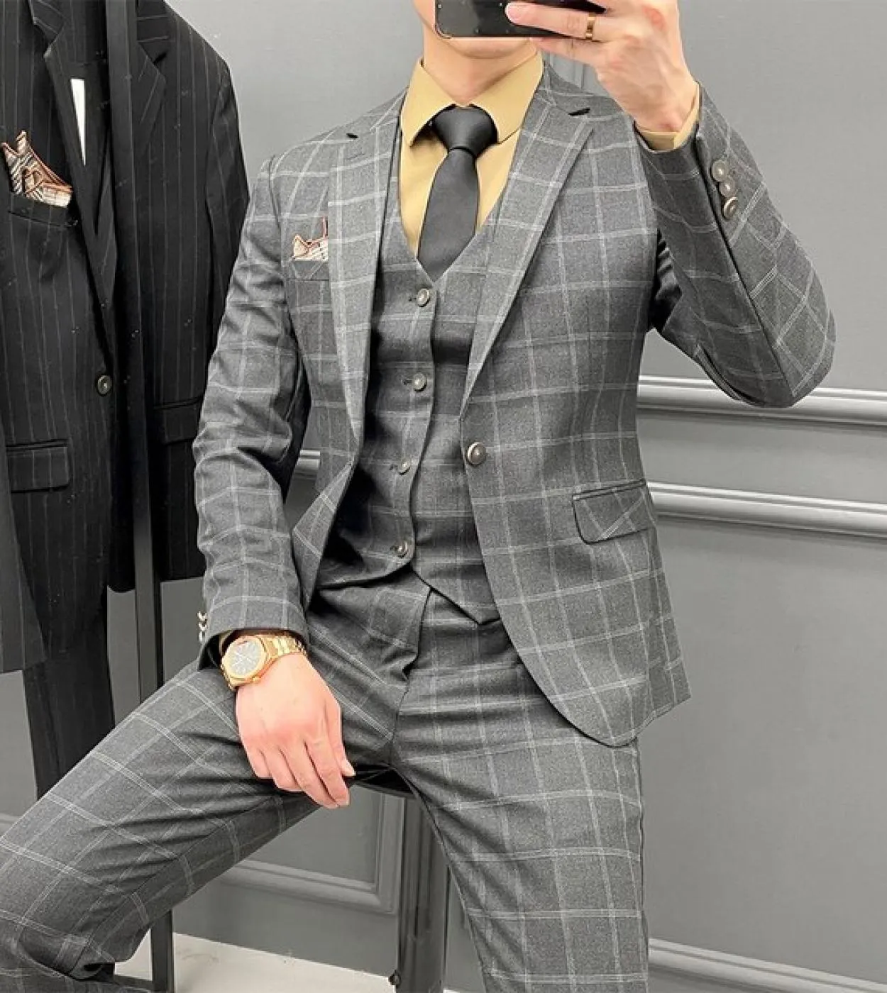 Giacca  Gilet  Pantaloni Moda Uomo Plaid Casual Completo da lavoro Vestito formale sociale di fascia alta 3 pezzi Set Sposo
