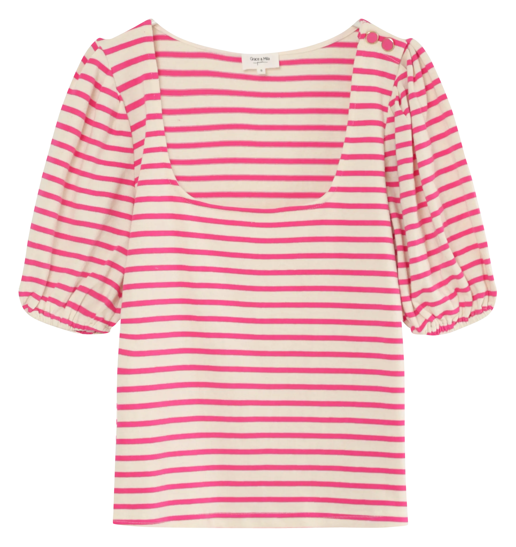  GRACE ET MILA   EMILE - T-shirt scollo quadrato a righe in cotone | Rosa