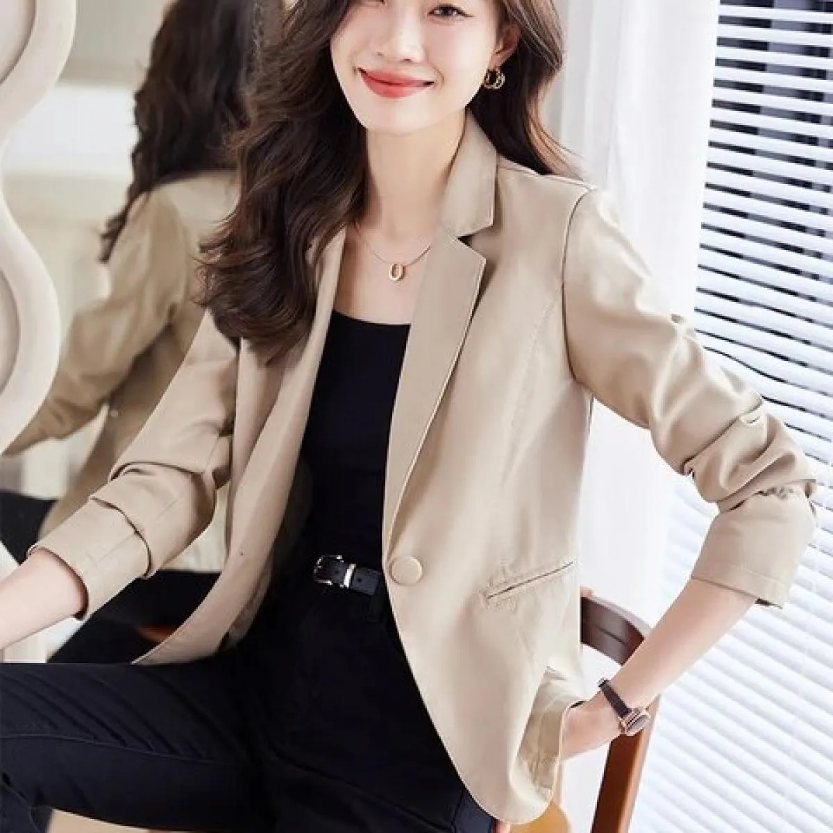 Moda femminile Blazer casual Donna Caffè Verde Beige Nero Solido Manica lunga Bottone singolo Autunno Inverno Cappotto da donna