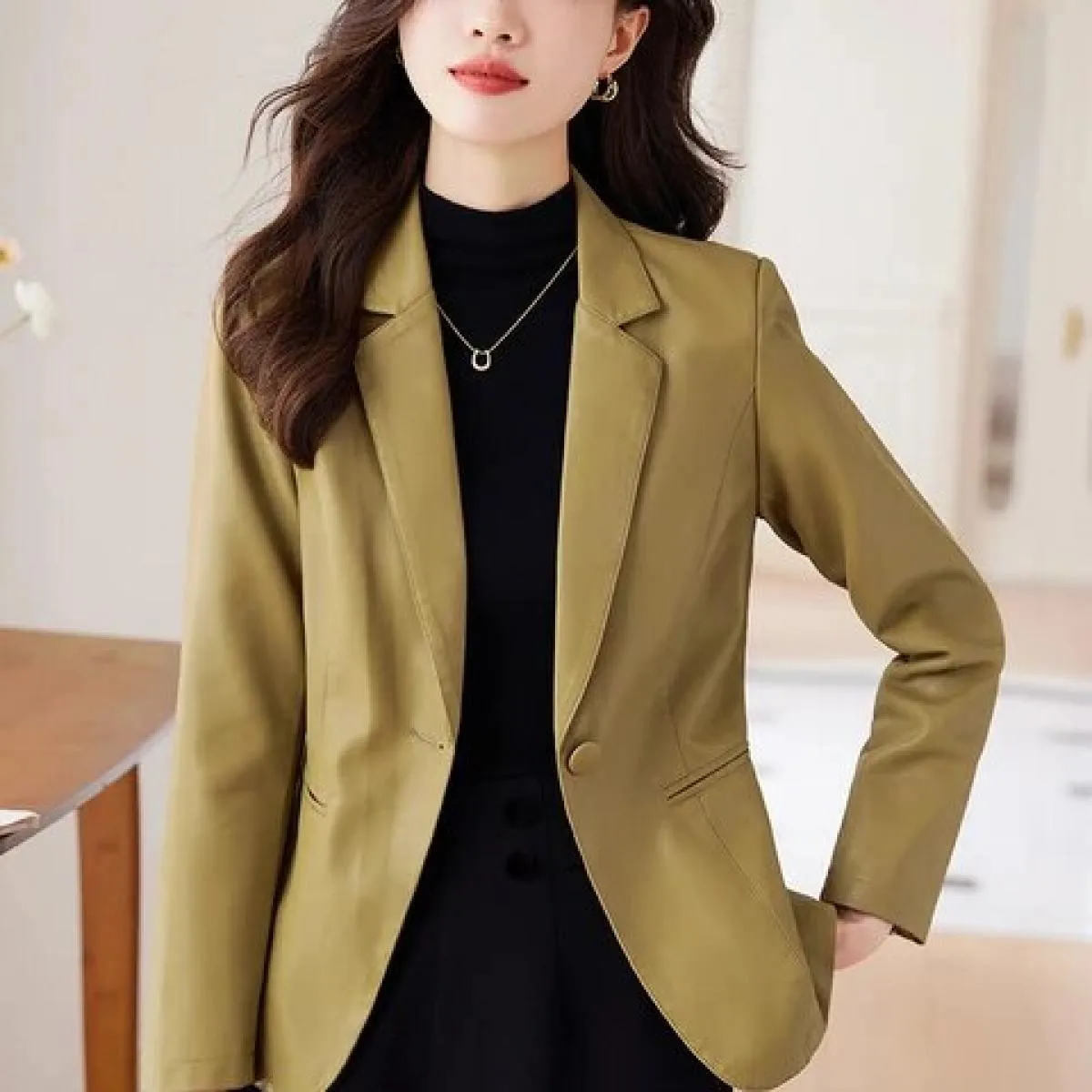 Moda femminile Blazer casual Donna Caffè Verde Beige Nero Solido Manica lunga Bottone singolo Autunno Inverno Cappotto da donna