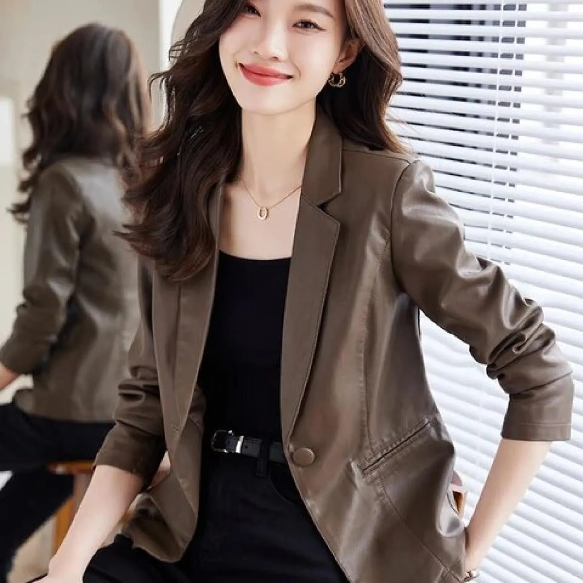 Moda femminile Blazer casual Donna Caffè Verde Beige Nero Solido Manica lunga Bottone singolo Autunno Inverno Cappotto da donna