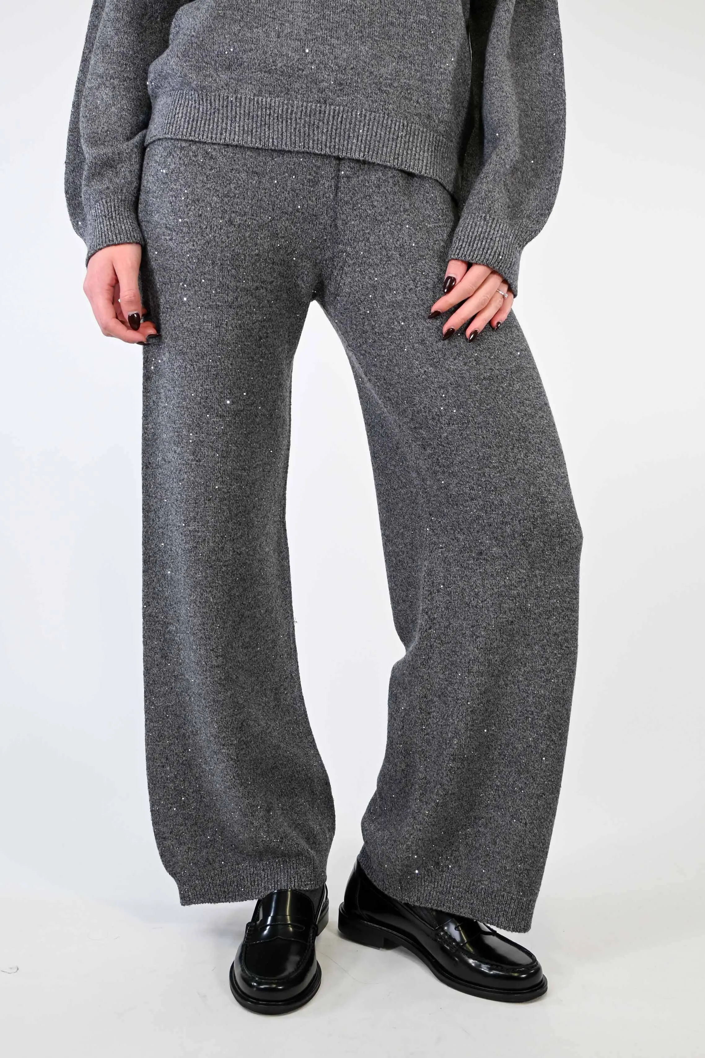 PANTALONE PALAZZO CON MICRO PAILETTES GRIGIO