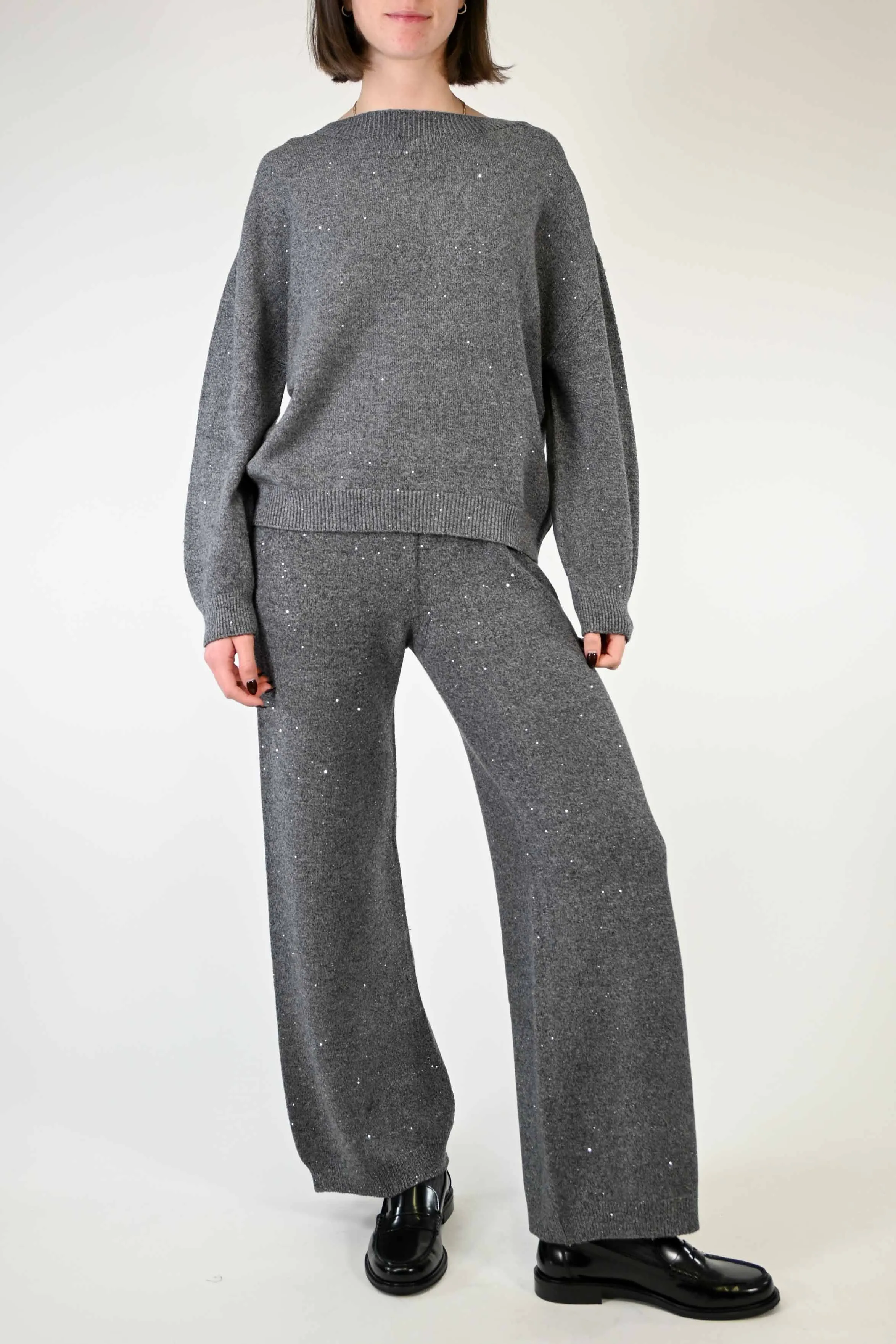 PANTALONE PALAZZO CON MICRO PAILETTES GRIGIO