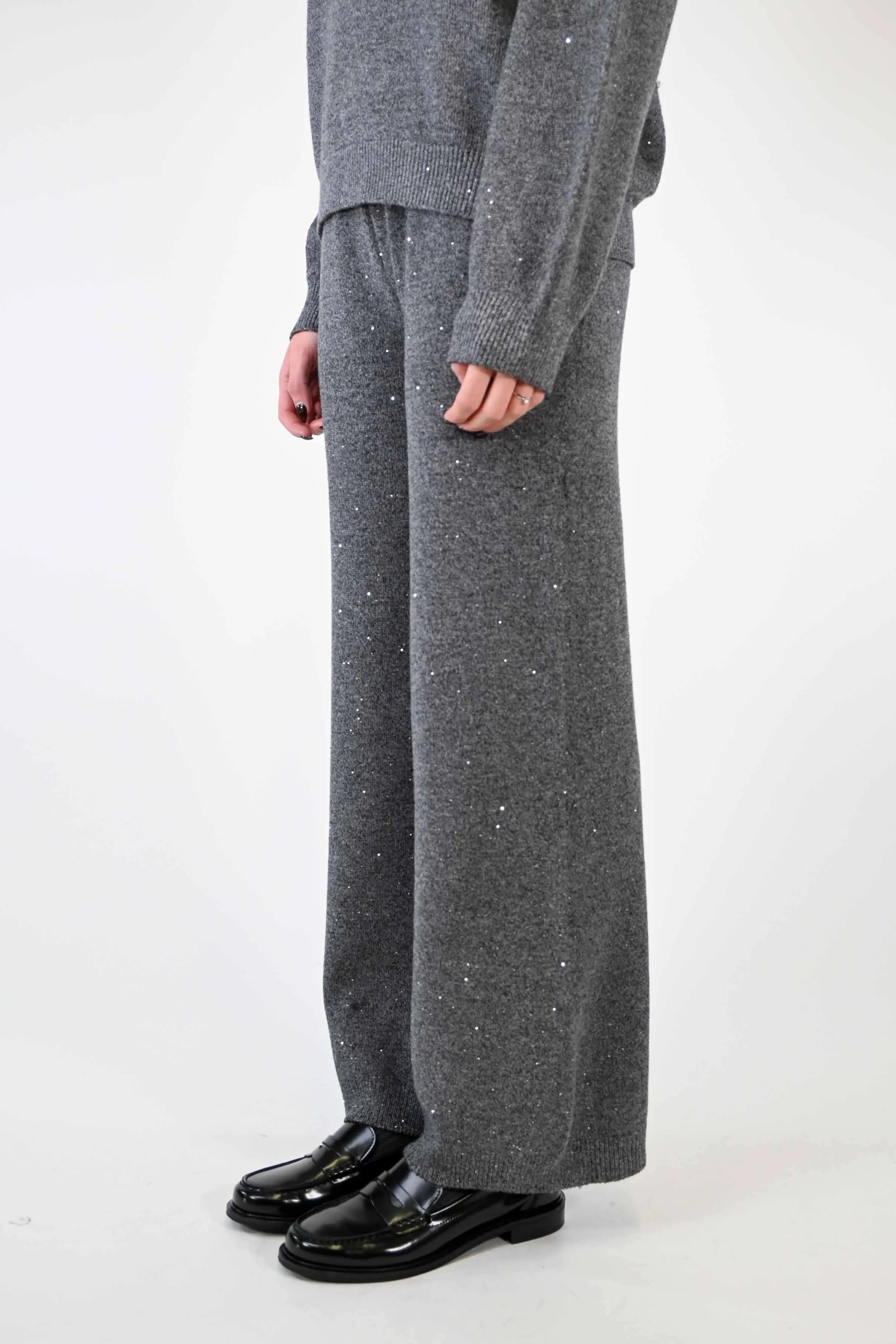 PANTALONE PALAZZO CON MICRO PAILETTES GRIGIO