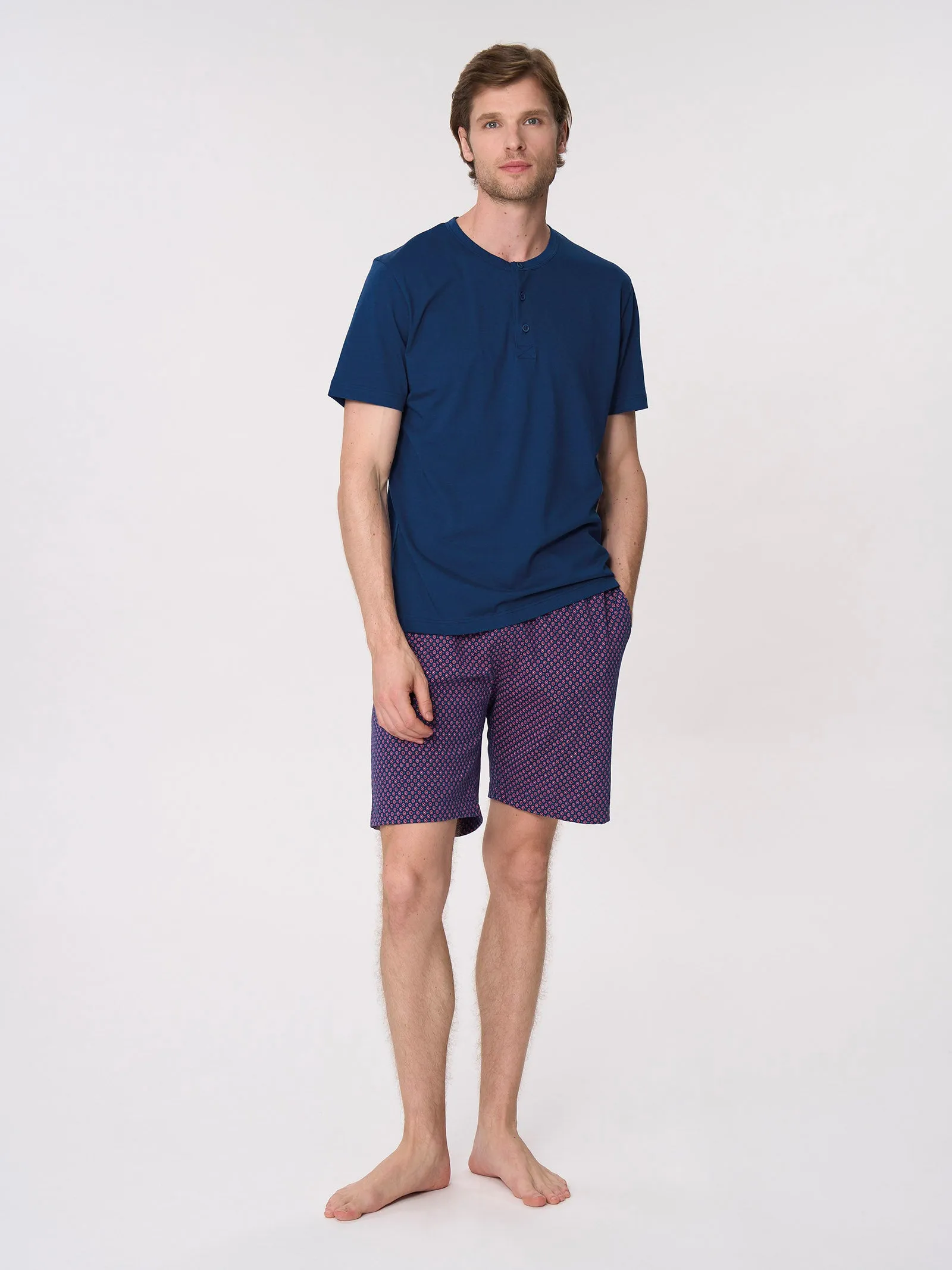 Pigiama corto a serafino in jersey di cotone - Fant. Navy Peony