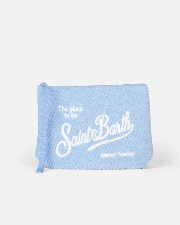 Pochette Aline in spugna azzurra a motivo devorè foliage tono su tono con scritta logo bianca e laccetto