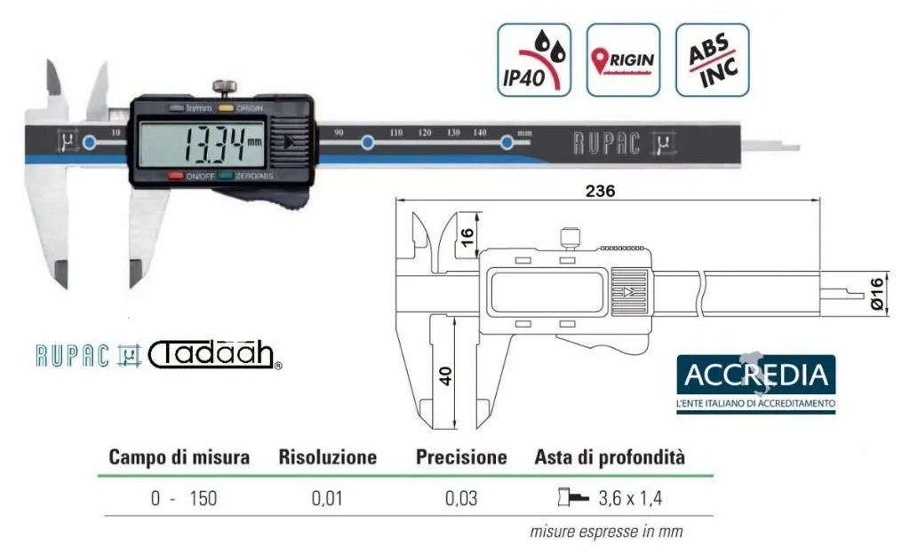 RUPAC 2998150C Calibro digitale serie Digitronic, centesimale, bloccaggio rapido, campo di misura 0-150, IP40 - Con certificato 