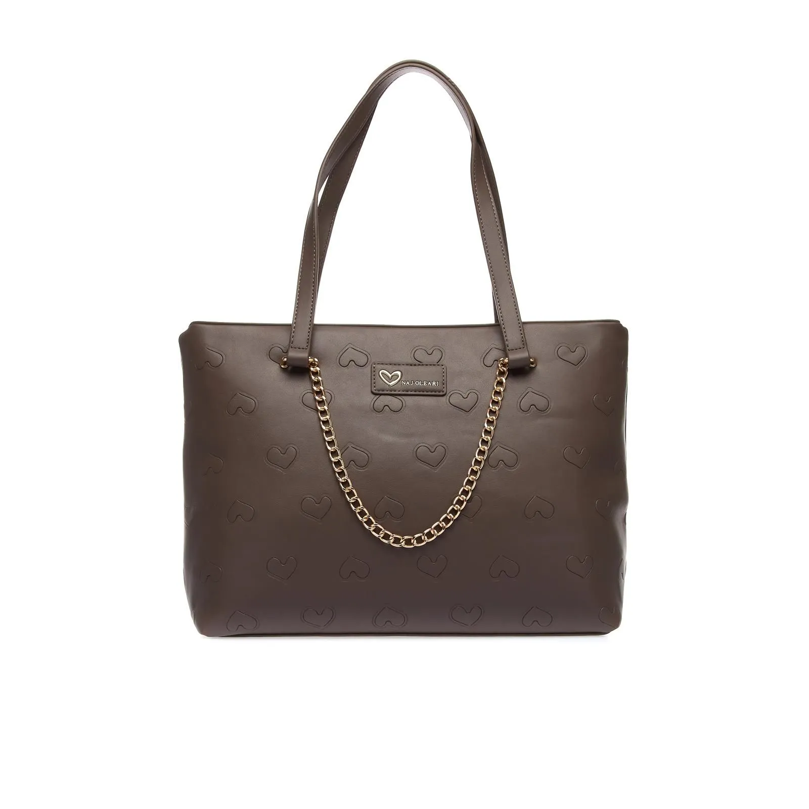 Shopper beige con catena e stampa a cuori