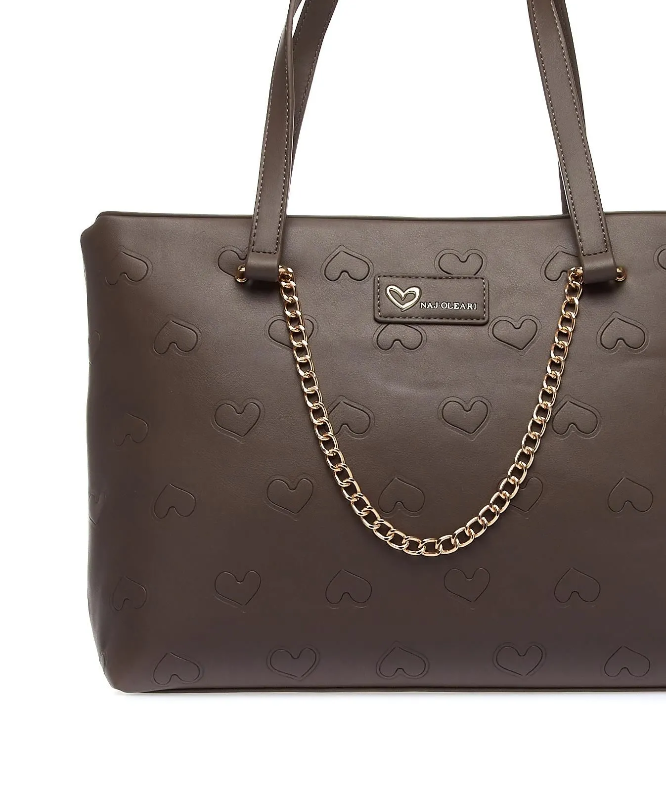 Shopper beige con catena e stampa a cuori
