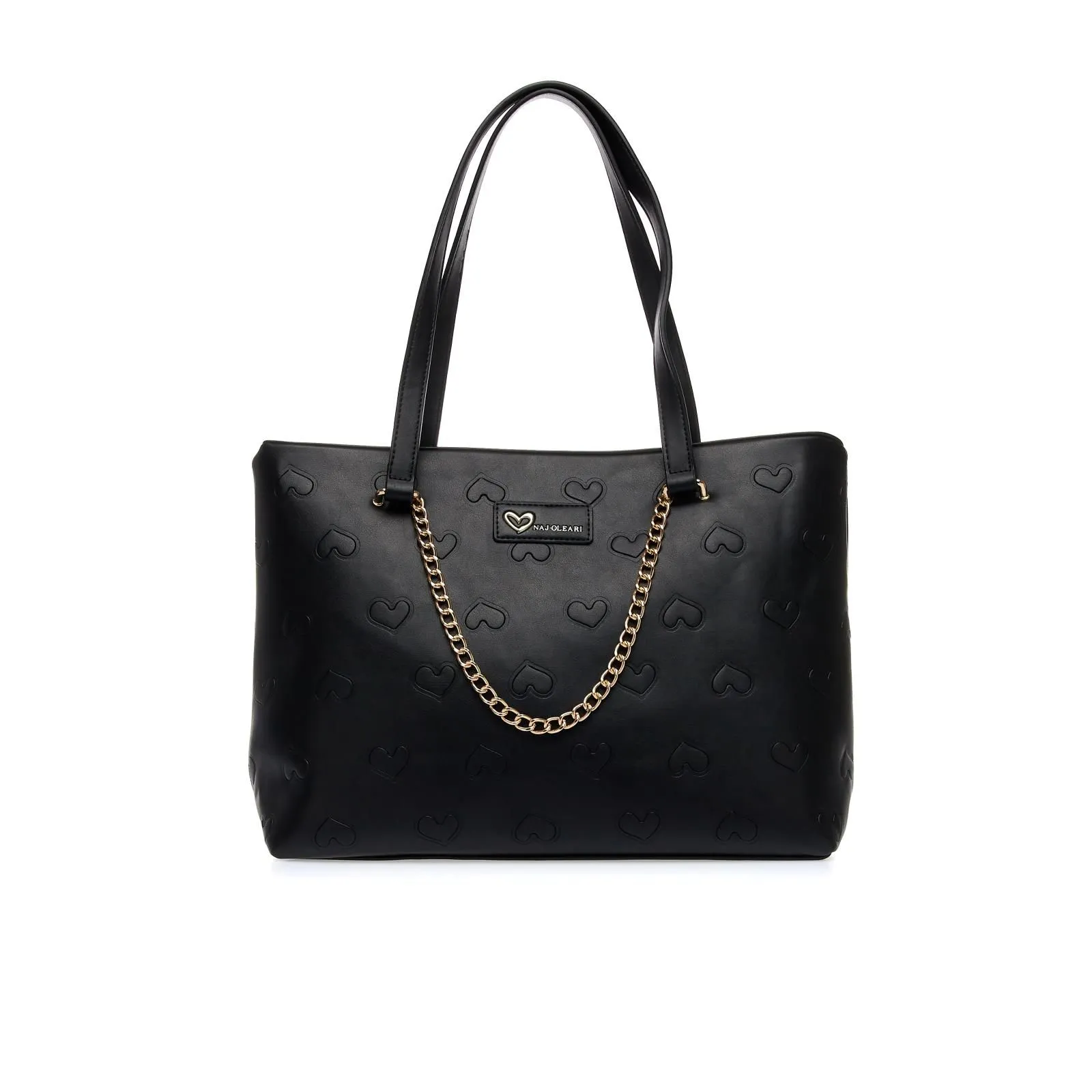 Shopper nera con catena e stampa a cuori