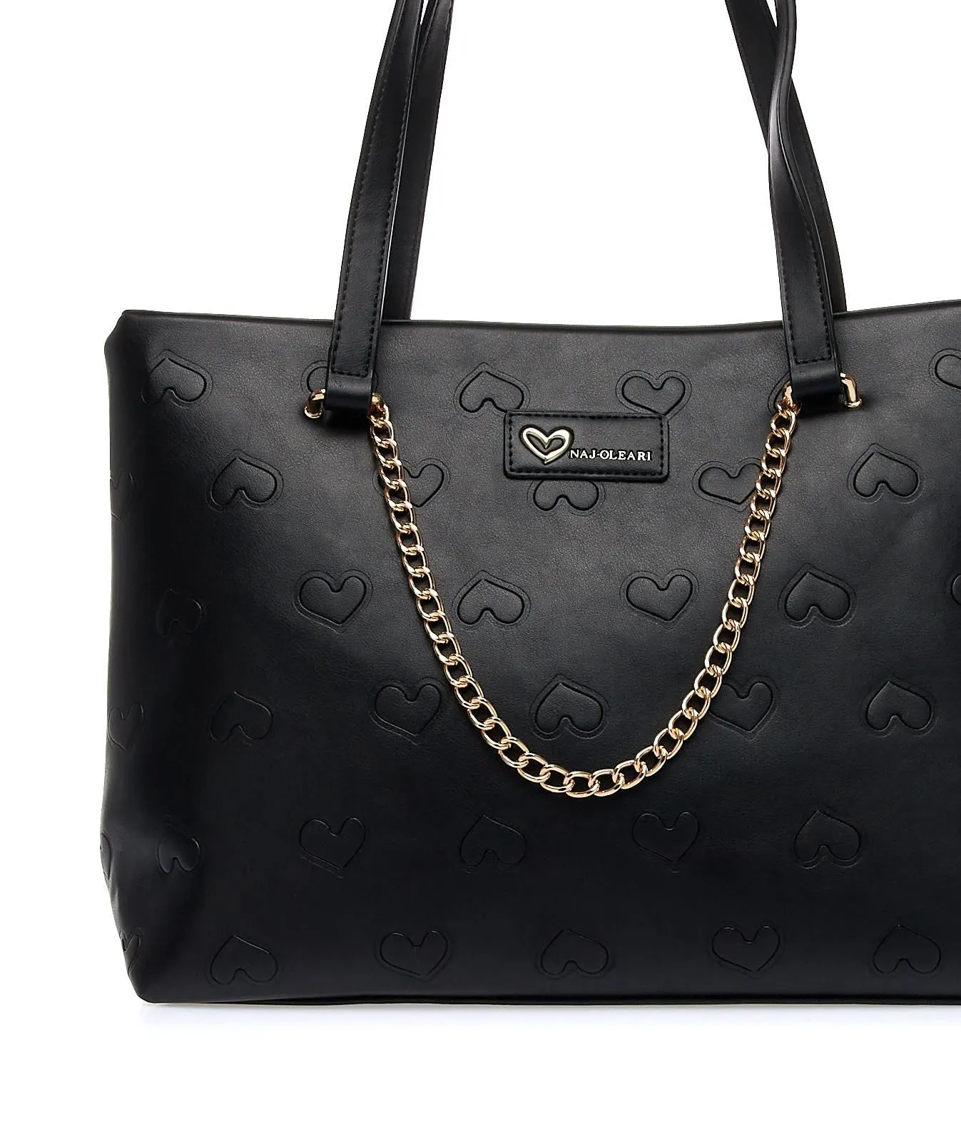 Shopper nera con catena e stampa a cuori