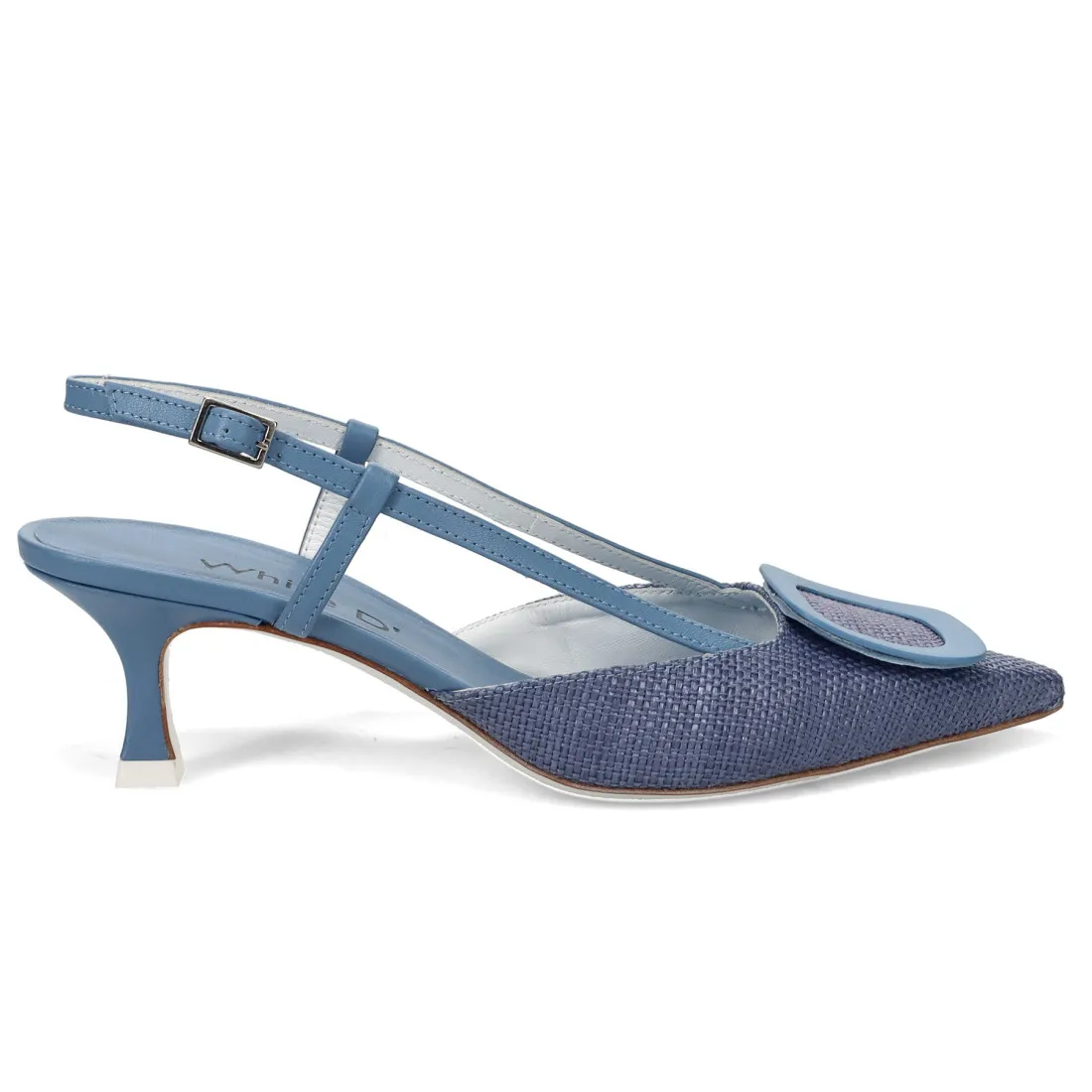Slingback White D in pelle e rafia denim con tacco comodo
