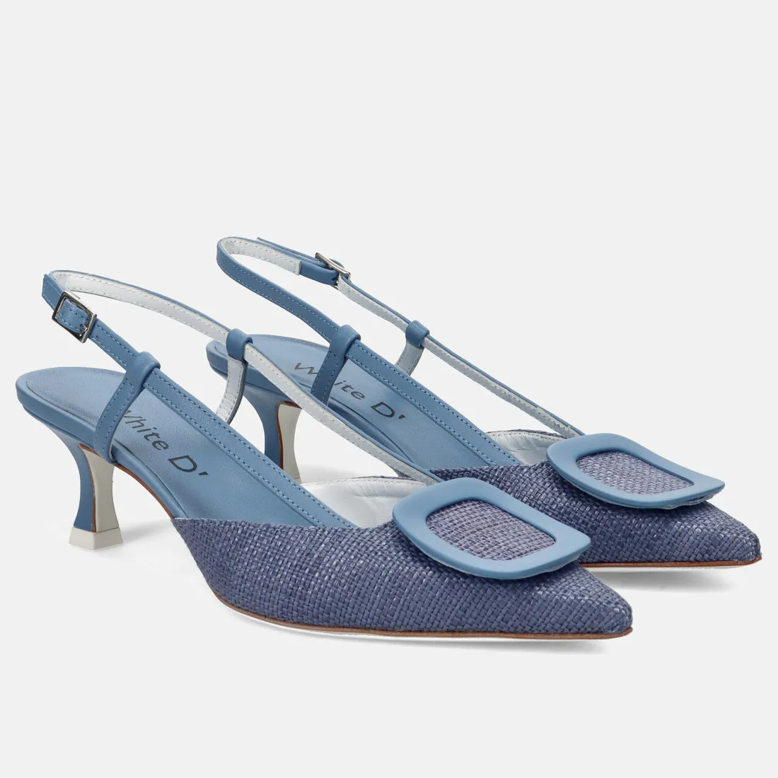 Slingback White D in pelle e rafia denim con tacco comodo