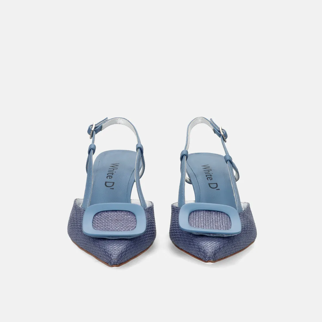 Slingback White D in pelle e rafia denim con tacco comodo
