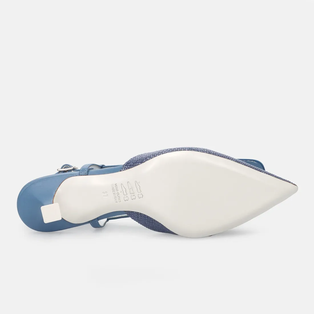 Slingback White D in pelle e rafia denim con tacco comodo