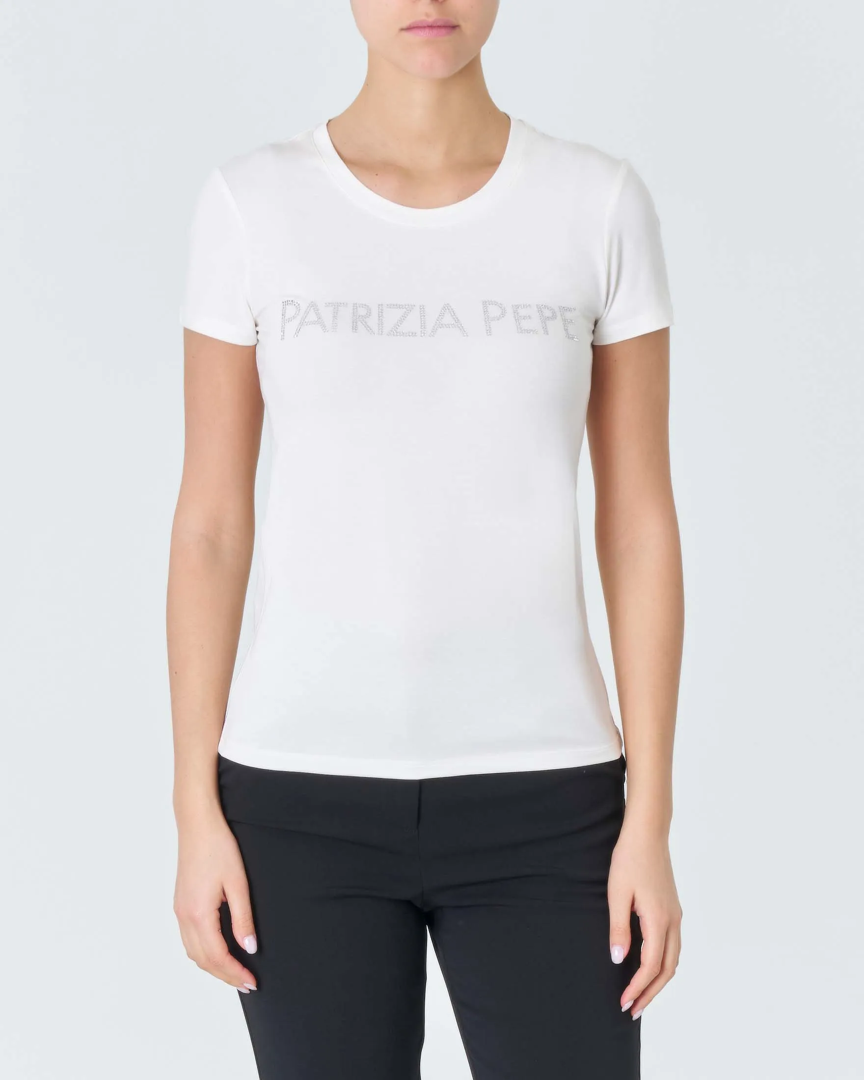 T-shirt bianca slim-fit in viscosa stretch con logo frontale in strass applicati