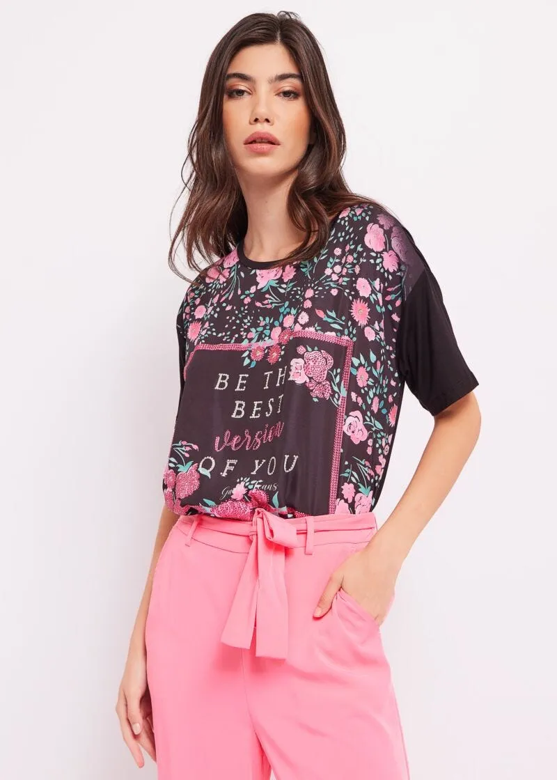 T-shirt con stampa floreale e strass