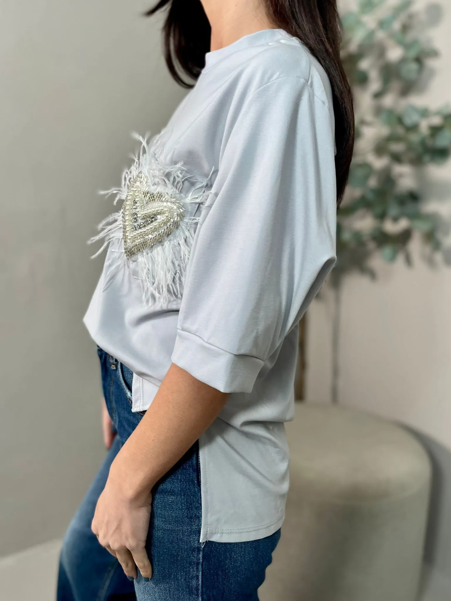 T-shirt Cuore Piume Pietra
