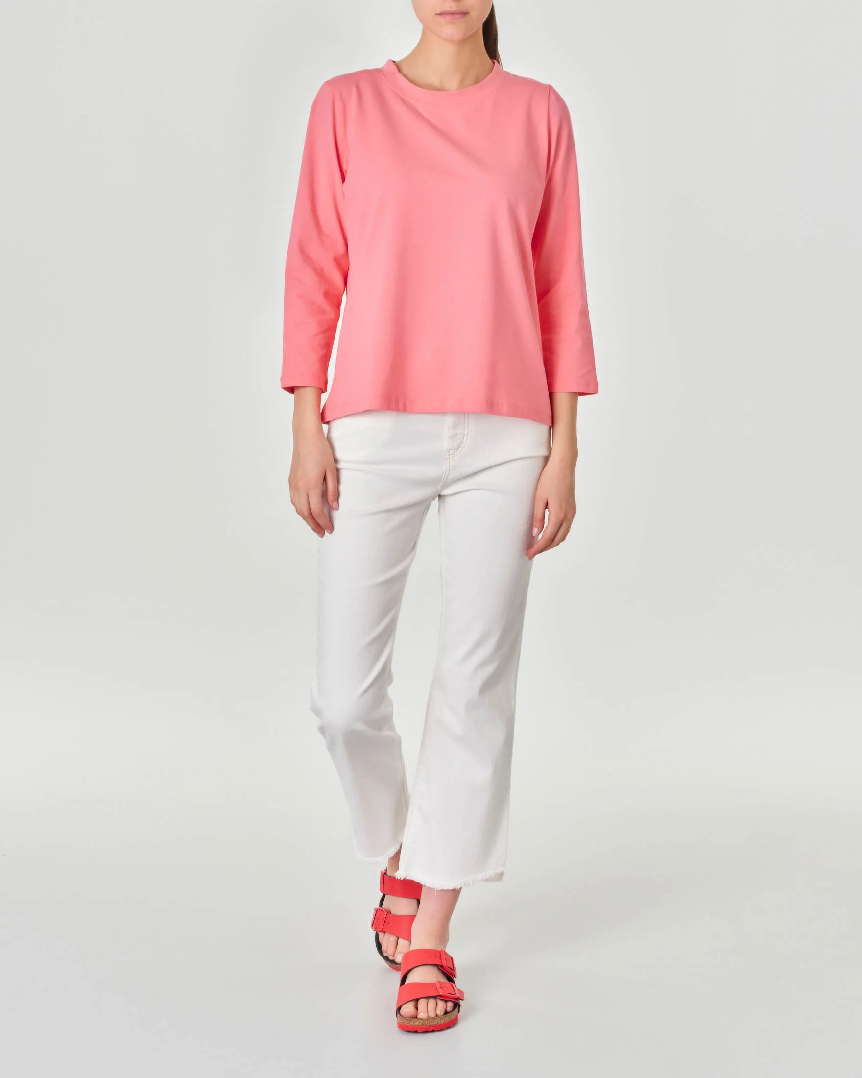T-shirt rosa bubble in cotone stretch a manica lunga svasata al fondo