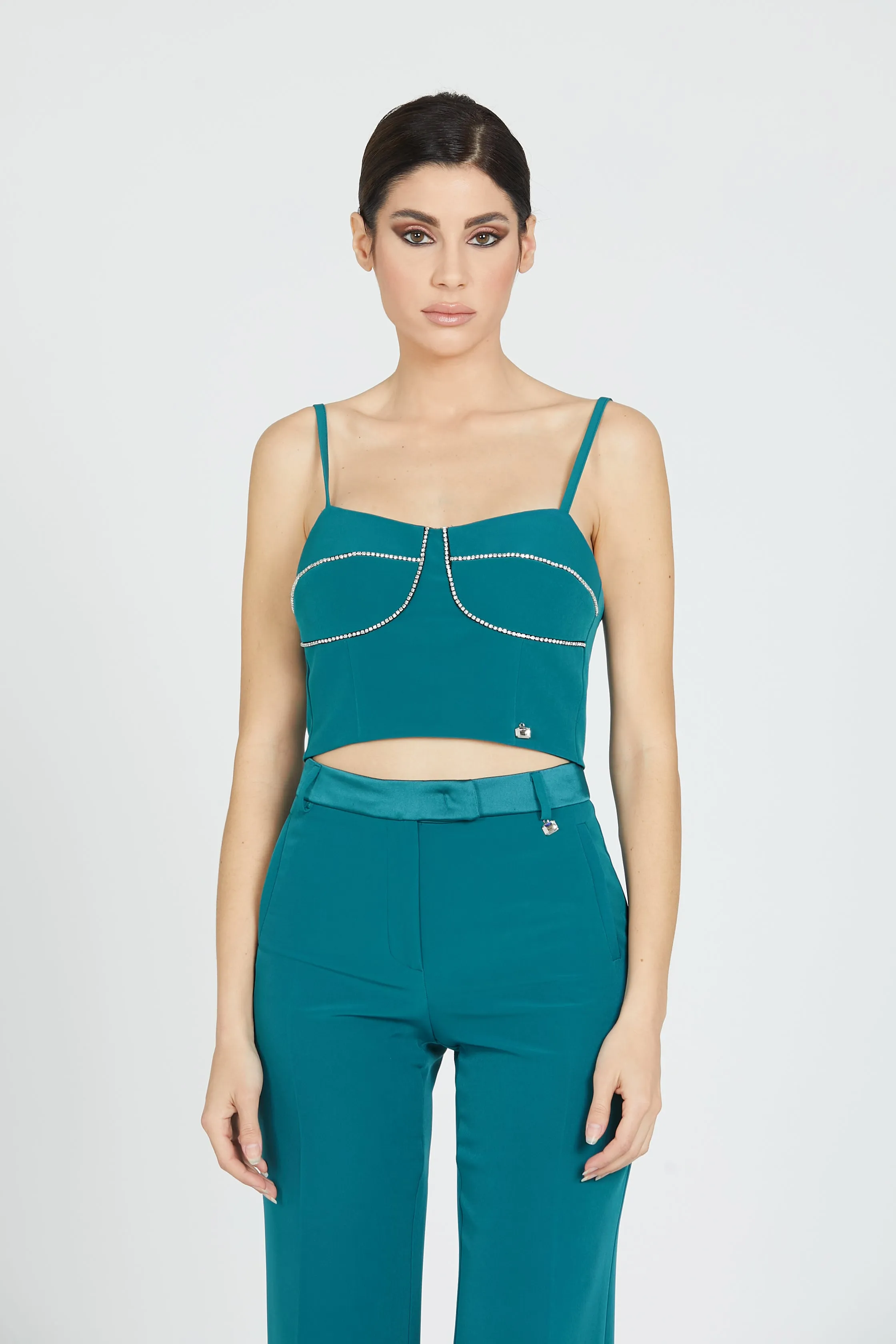 Top CARALINE corto con zip retro più passamaneria strass
